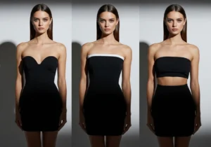 Three styles of strapless mini dress necklines — sweetheart, straight, and bandeau — worn by models