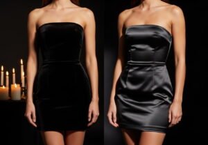 Two models wearing black velvet and black satin strapless mini dresses side by side