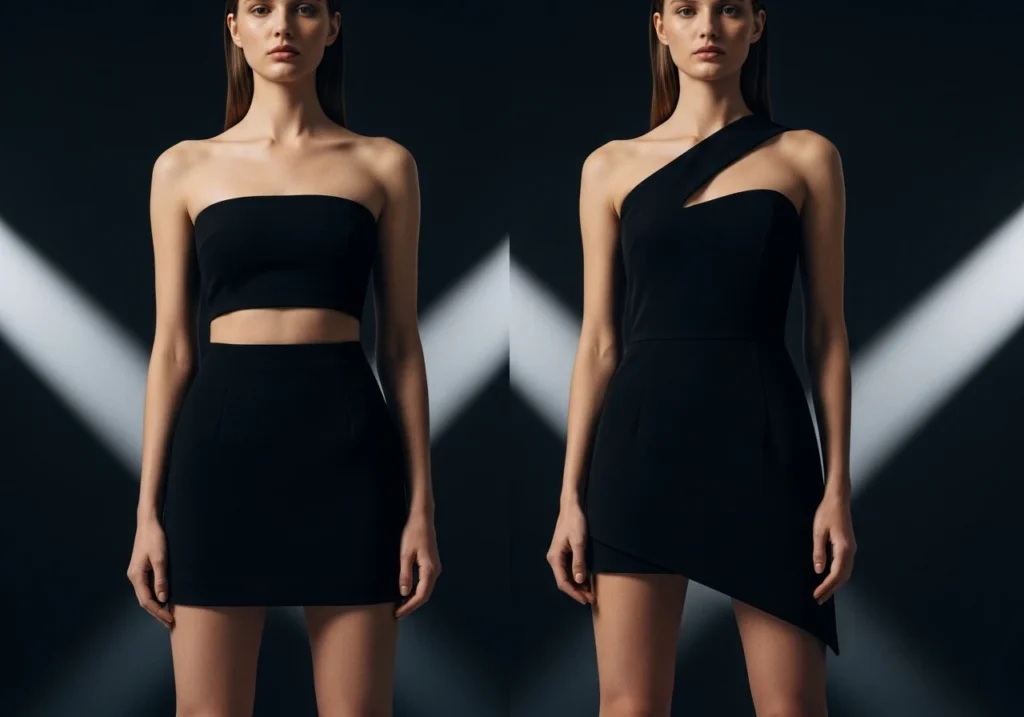 Cut-out and asymmetrical black strapless mini dress styles worn by two models side by side