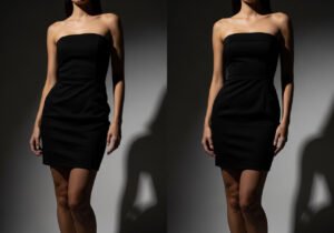 off-the-rack vs custom black strapless mini dress comparison showing fit and silhouette difference