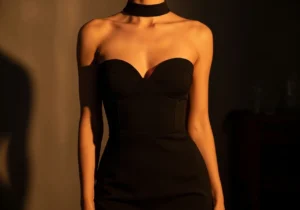Woman wearing a black sweetheart neckline strapless mini dress with structured bodice