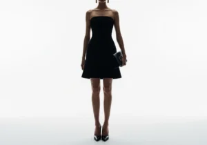 black strapless mini dress outfit styled for party essential look