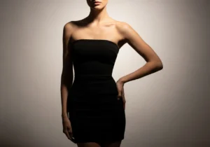 black strapless mini dress date night outfit showing elegant and balanced silhouette