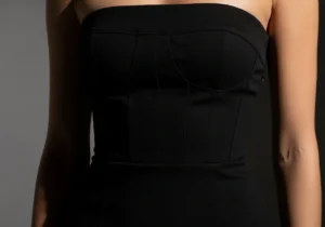 black strapless mini dress fit showing structured bodice and body contour