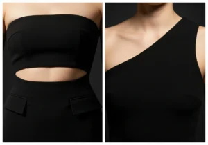 Side by side comparison of cut-out and asymmetrical black strapless mini dress construction details