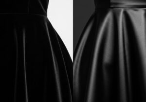 Close-up comparison of black velvet and black satin fabric texture