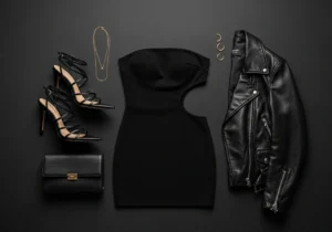 Styling flat lay for a black cut-out strapless mini dress with strappy heels, gold jewelry and leather jacket