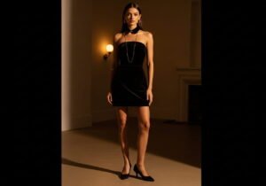 Black velvet strapless mini dress styled with gold jewelry and kitten heels