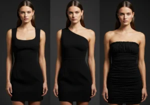 Three black strapless mini dress neckline styles — scoop, asymmetric, and ruched — compared side by side