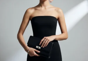 accessories for black strapless mini dress including jewelry and clutch