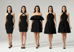 Different body types wearing the most flattering black strapless mini dress neckline for their figure