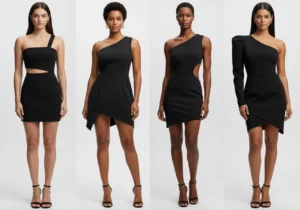 Different body types wearing cut-out and asymmetrical black strapless mini dresses styled to flatter each figure