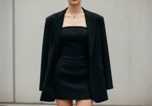 layering black strapless mini dress with blazer for balanced outfit