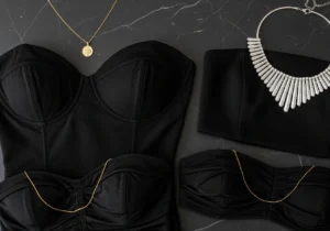 Jewelry pairings for sweetheart, straight, and bandeau black strapless mini dress necklines