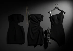 NoirMuse collection of cut-out and asymmetrical black strapless mini dresses displayed as editorial product shot