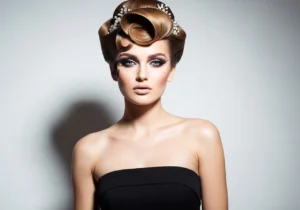 hair and makeup styling with black strapless mini dress for party