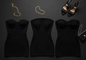 NoirMuse collection of black strapless mini dresses with different neckline styles — sweetheart, straight, and bandeau