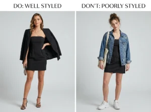 black strapless mini dress wedding guest mistakes vs correct styling