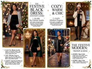 black strapless mini dress holiday outfit ideas festive styles collage