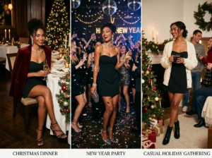 black strapless mini dress holiday styling christmas new year events