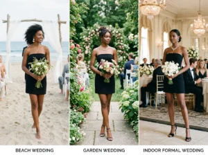black strapless mini dress wedding guest styling beach garden indoor