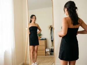 black strapless mini dress fit comfort confidence wedding guest styling