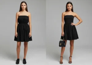 black strapless mini dress styling mistakes vs correct outfit comparison