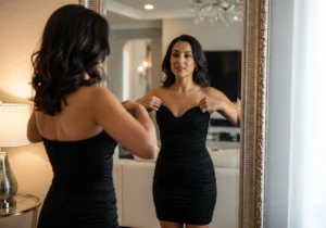 how to wear black strapless mini dress cocktail preparation mirror