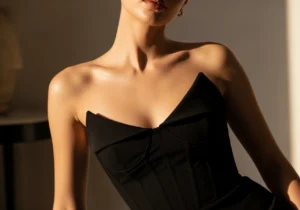 black strapless mini dress structured bodice elegant silhouette cocktail outfit