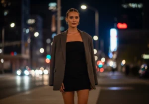 black strapless mini dress with blazer layered cocktail outfit
