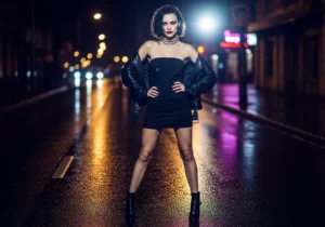 edgy black strapless mini dress cocktail outfit leather jacket boots