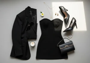 black strapless mini dress styling tips accessories heels clutch layout