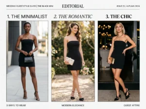 black strapless mini dress wedding guest outfit ideas collage styles
