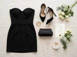 black strapless mini dress wedding styling tips accessories flat lay