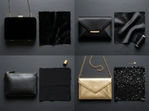 Bag material guide for black strapless mini dress — velvet, satin, leather and metallic clutches matched to dress fabrics