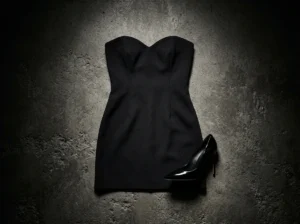 black strapless mini dress with black stiletto heel showing importance of shoe choice for silhouette