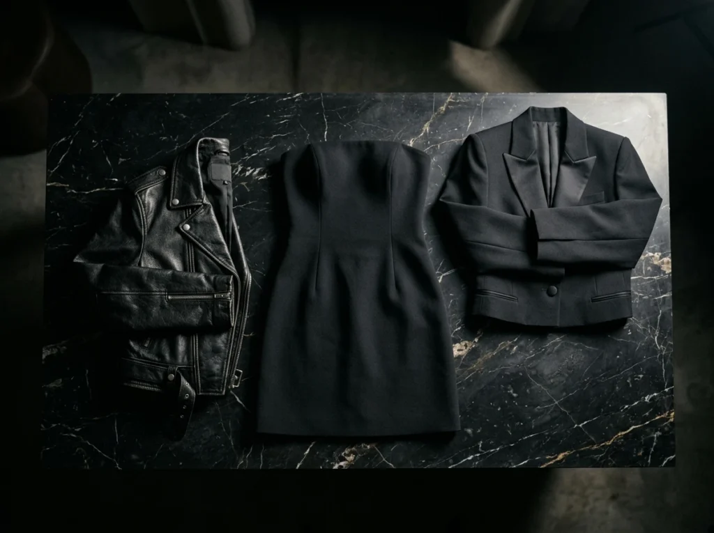 jackets and blazers for black strapless mini dress including cropped blazer and leather jacket flatlay