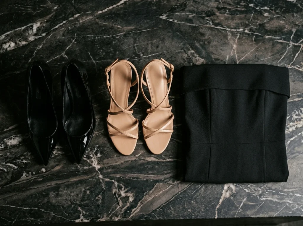 best shoes to pair with black strapless mini dresses including stiletto heels and strappy sandals
