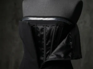 black strapless mini dress with internal boning and silicone grip tape construction detail