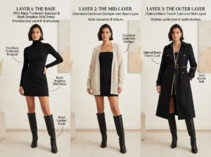 3 layer system for styling black strapless mini dress in cooler months - base mid outer layers
