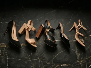 five best shoe styles for black strapless mini dress including stiletto block heel platform kitten heel and strappy sandal