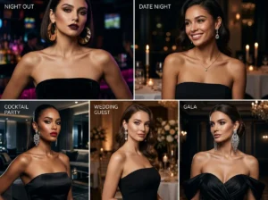Statement jewelry ideas for black strapless mini dress by occasion — night out hoops, date night drops, cocktail chandelier, wedding pearls and gala crystal