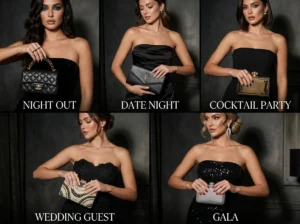 Occasion bag guide for black strapless mini dress — chain bag night out, clutch date night, metallic cocktail, pearl wedding and minaudiere gala