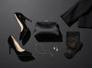 Formal accessories for a layered black strapless mini dress — structured clutch, stiletto heels, crystal earring and sheer tights