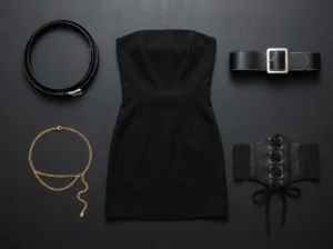 Four belt types for black strapless mini dress — thin leather, wide belt, chain belt and corset belt compared