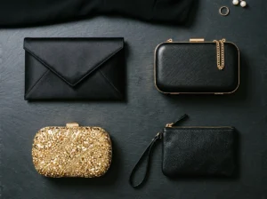 Four clutch types for black strapless mini dress — envelope clutch, box clutch, minaudiere and wristlet compared