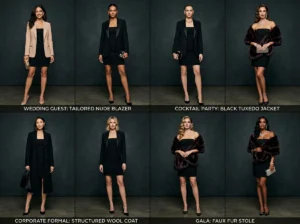 Four formal layering looks for a black strapless mini dress — wedding guest, cocktail, corporate formal and gala