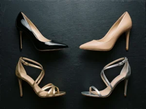 shoe color guide for black strapless mini dress showing black nude gold and silver heel options