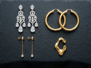 Four statement earring styles for black strapless mini dress — chandelier, oversized hoop, drop earring and ear cuff