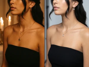 Gold jewelry versus silver jewelry on a black strapless mini dress — warm candlelit versus cool formal lighting comparison